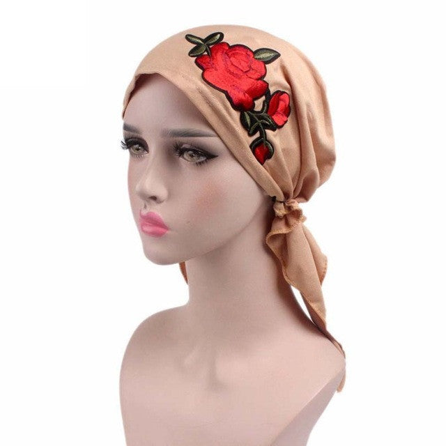 Rose Embroidery Women Knitted hat Fashion Fitted Print Hat Beanie Scarf Turban Head Wrap Cap Hot Sale