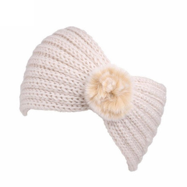 2017 Winter Warm Ear Headband Turban For Women Crochet Bow Stretch Fur Ball Women Knitted Headband Handmade 23*12cm #3