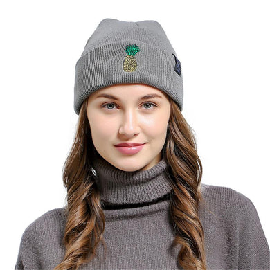 European Style Pineapple Embroidered Men Women Baggy Wool Knit Ski Beanie High Quality Unisex Novelty Hat Fold Thick Female Cap
