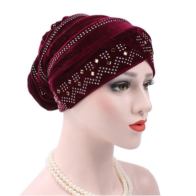 Women Muslim Stretch Turban Hat Velvet Hair Loss Head Scarf Wrap Adjustable Floral Rhinestones Beanie balaclava