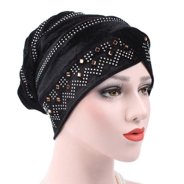 Women Muslim Stretch Turban Hat Velvet Hair Loss Head Scarf Wrap Adjustable Floral Rhinestones Beanie balaclava