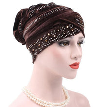 Women Muslim Stretch Turban Hat Velvet Hair Loss Head Scarf Wrap Adjustable Floral Rhinestones Beanie balaclava