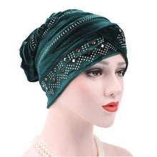 Women Muslim Stretch Turban Hat Velvet Hair Loss Head Scarf Wrap Adjustable Floral Rhinestones Beanie balaclava