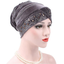 Women Muslim Stretch Turban Hat Velvet Hair Loss Head Scarf Wrap Adjustable Floral Rhinestones Beanie balaclava
