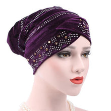 Women Muslim Stretch Turban Hat Velvet Hair Loss Head Scarf Wrap Adjustable Floral Rhinestones Beanie balaclava