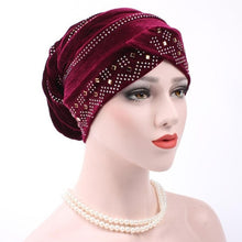 Women Muslim Stretch Turban Hat Velvet Hair Loss Head Scarf Wrap Adjustable Floral Rhinestones Beanie balaclava