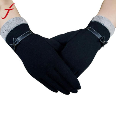 Fashion Patchwork Glove 2017 Women Winter Warm Bow Fur With Velvet Driving Full Finger Touchdscreen Outwear Gloves & Mittens