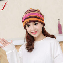 Winter Beanie Hat Women Stripe Hat Ruffle Collar Turban