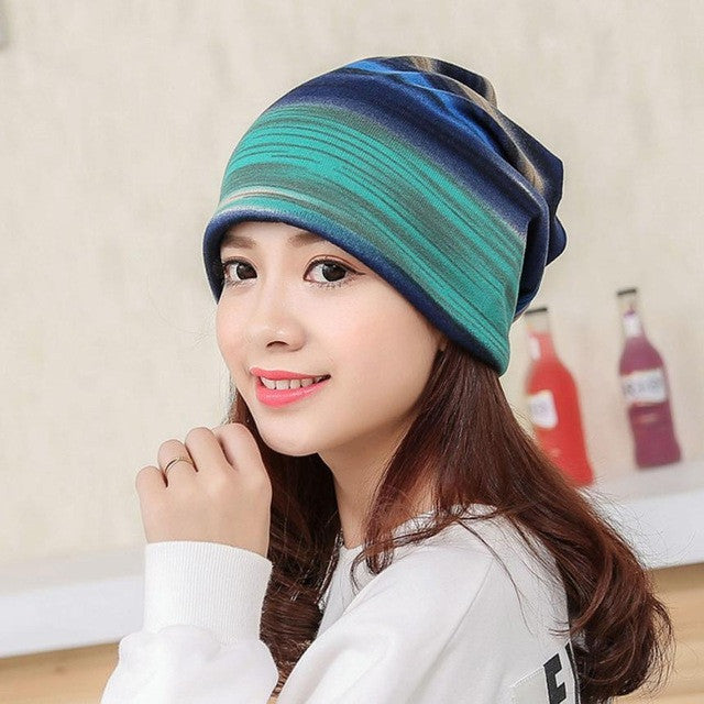 Winter Beanie Hat Women Stripe Hat Ruffle Collar Turban
