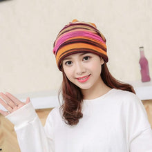 Winter Beanie Hat Women Stripe Hat Ruffle Collar Turban