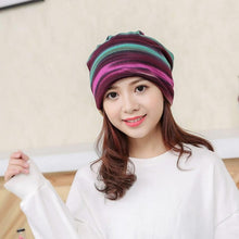 Winter Beanie Hat Women Stripe Hat Ruffle Collar Turban