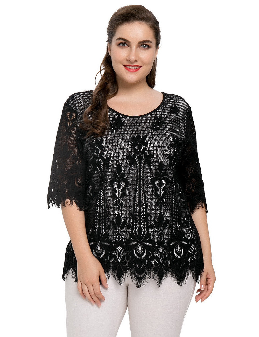 Chicwe Women's Lined Plus Size Floral Lace Top Tunic Blouse Cotton Blended with Eyelash Hem 1X-4X